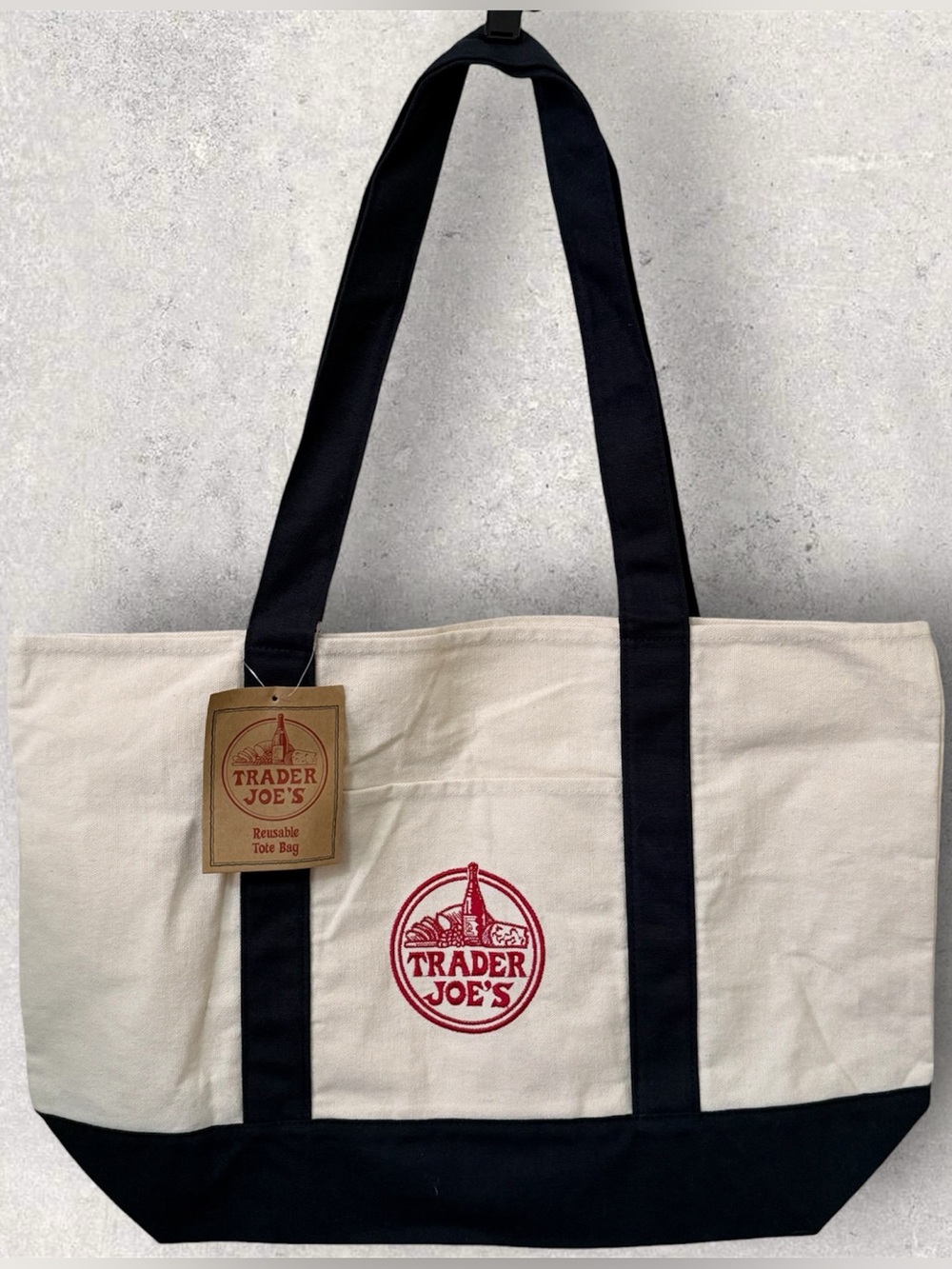 NWT Trader Joe's Classic Full Size Large Reusable Canvas Tote Bag Beige Navy